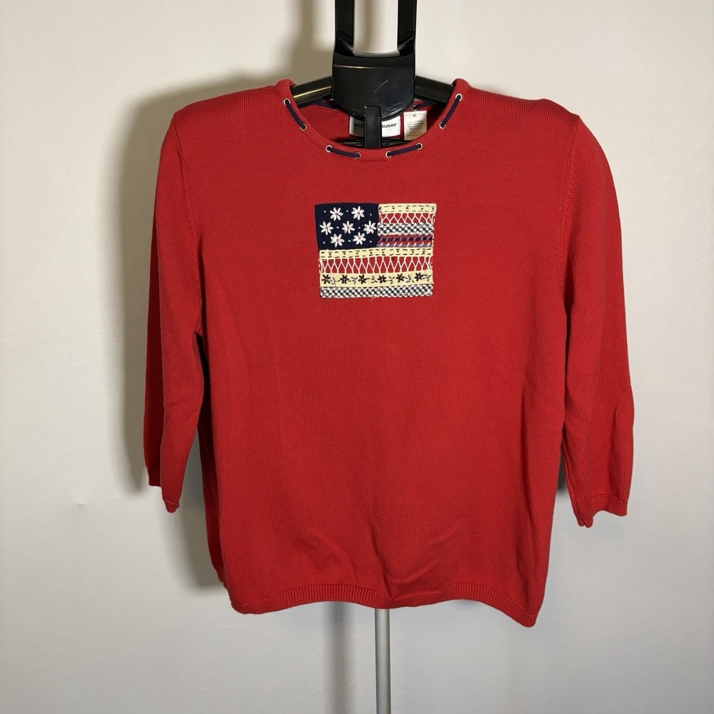 VTG Womens XL Embroidered Flag Floral USA 3/4 Sleeve Red Sweater Cottage 90s